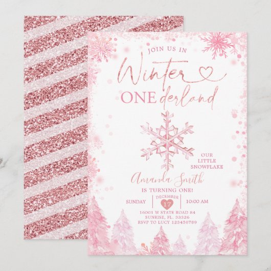 Pink Winter Onederland Snowflake 1e verjaardag Kaart (Voorkant / Achterkant)