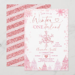 Pink Winter Onederland Snowflake 1e verjaardag Kaart