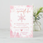 Pink Winter Onederland Snowflake 1st Birthday Invi Kaart (Staand voorkant)