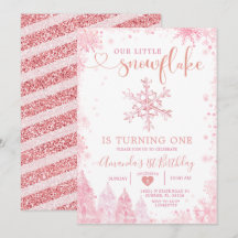 Pink Winter Onederland Snowflake 1st Birthday Invi