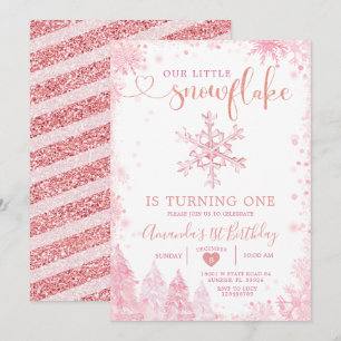 Pink Winter Onederland Snowflake 1st Birthday Invi Kaart