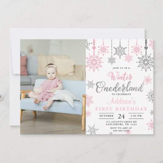 Pink Winter Onederland Snowflake Birthday Foto Kaart (Voorkant)