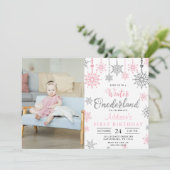 Pink Winter Onederland Snowflake Birthday Foto Kaart (Staand voorkant)