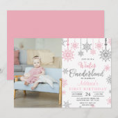 Pink Winter Onederland Snowflake Birthday Foto Kaart (Voorkant / Achterkant)