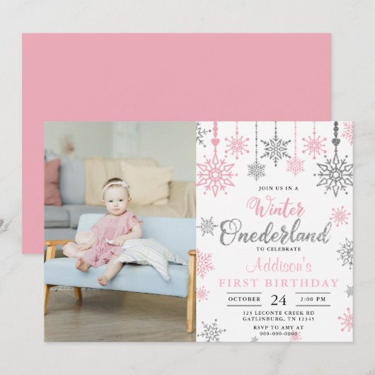 Pink Winter Onederland Snowflake Birthday Foto Kaart (Voorkant / Achterkant)