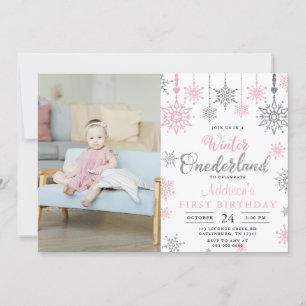 Pink Winter Onederland Snowflake Birthday Foto Kaart