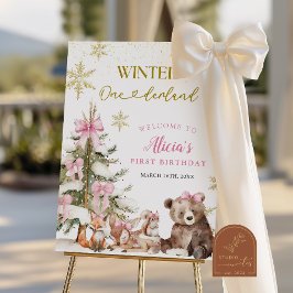 Pink winter onederland woodland welcome sign poster