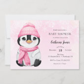 Pink Winter Penguin Baby shower uitnodiging (Voorkant)