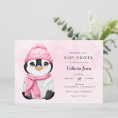 Pink Winter Penguin Baby shower uitnodiging (Staand voorkant)