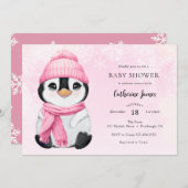 Pink Winter Penguin Baby shower uitnodiging (Voorkant / Achterkant)