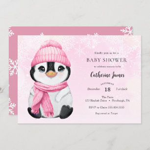 Pink Winter Penguin Baby shower uitnodiging