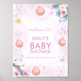 Pink Winter Snowflake Floral Baby Shower Welcome  Poster
