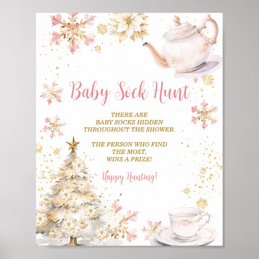 Pink Winter Tea Party Baby Shower Baby Sock Hunt Poster (Voorkant)