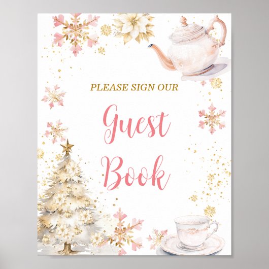 Pink Winter Tea Party Baby Shower Guest Book Poster (Voorkant)