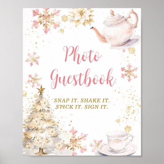 Pink Winter Tea Party Baby Shower Photo Guestbook Poster (Voorkant)