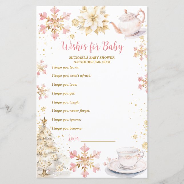 Pink Winter Tea Party Baby Shower Wishes for Baby (Voorkant)
