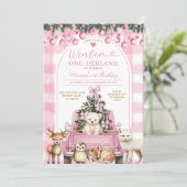 Pink Winter Truck Onederland 1st Birthday Animals Kaart (Staand voorkant)