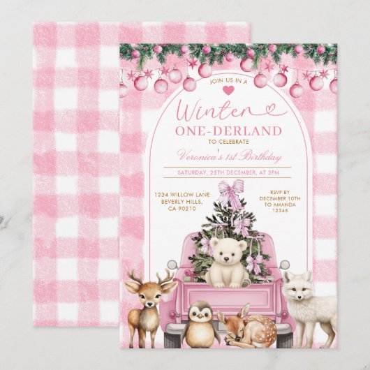 Pink Winter Truck Onederland 1st Birthday Animals Kaart (Voorkant / Achterkant)