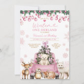 Pink Winter Truck Onederland 1st Birthday Animals Kaart (Voorkant)