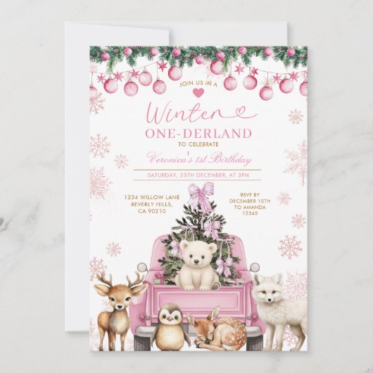 Pink Winter Truck Onederland 1st Birthday Animals Kaart (Voorkant)