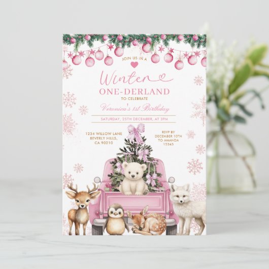 Pink Winter Truck Onederland 1st Birthday Animals Kaart (Staand voorkant)