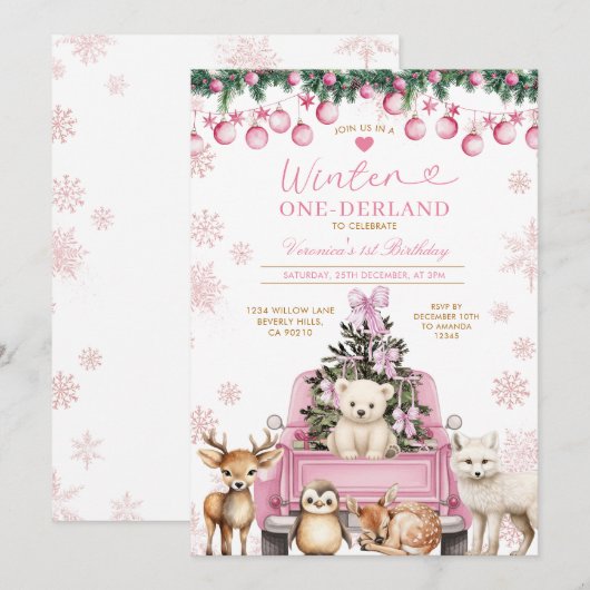 Pink Winter Truck Onederland 1st Birthday Animals Kaart (Voorkant / Achterkant)