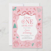 Pink Winter Wonderland First Birthday Party  Kaart (Voorkant)