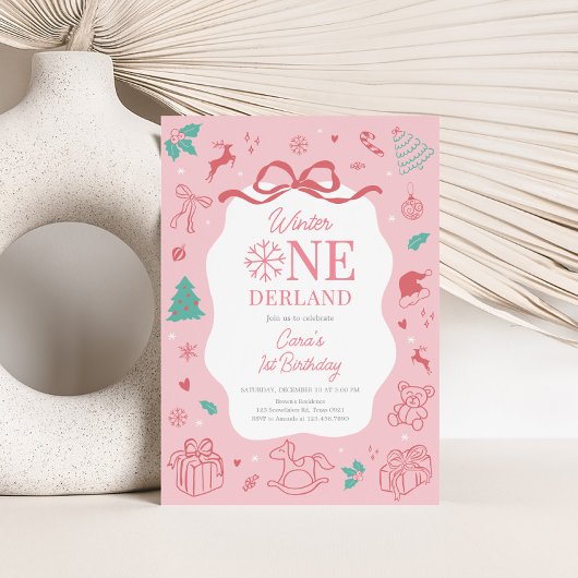 Pink Winter Wonderland First Birthday Party  Kaart