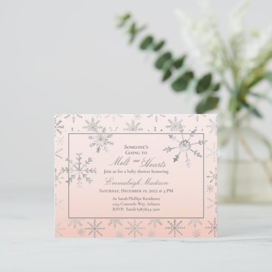 Pink Winter Wonderland Snowflake Baby shower Briefkaart (Staand voorkant)