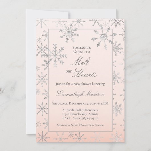 Pink Winter Wonderland Snowflake Baby shower Kaart (Voorkant)