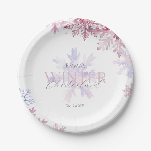 Pink Winter Wonderland Snowflake First Birthday  Papieren Bordje (Voorkant)