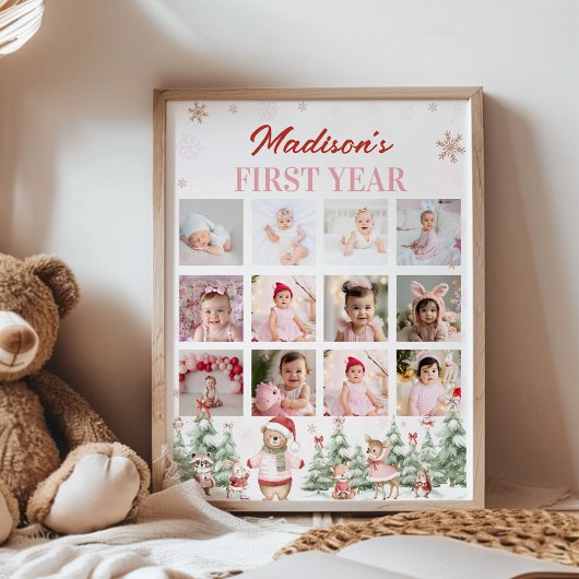 Pink Winter Woodland First Year Photo Milestone Poster