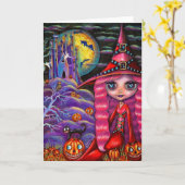 Pink Witch Halloween Kaart (Gele Bloem)