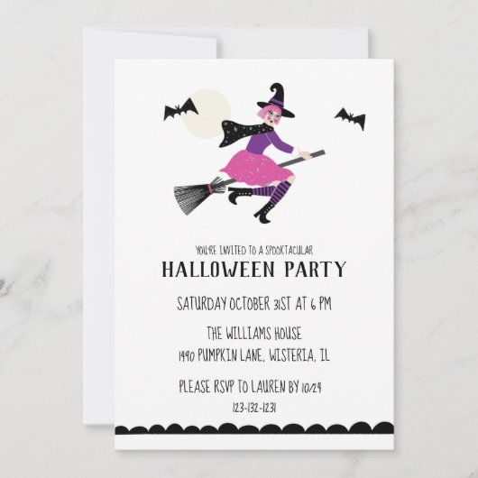 Pink Witch Halloween Party Kaart (Voorkant)