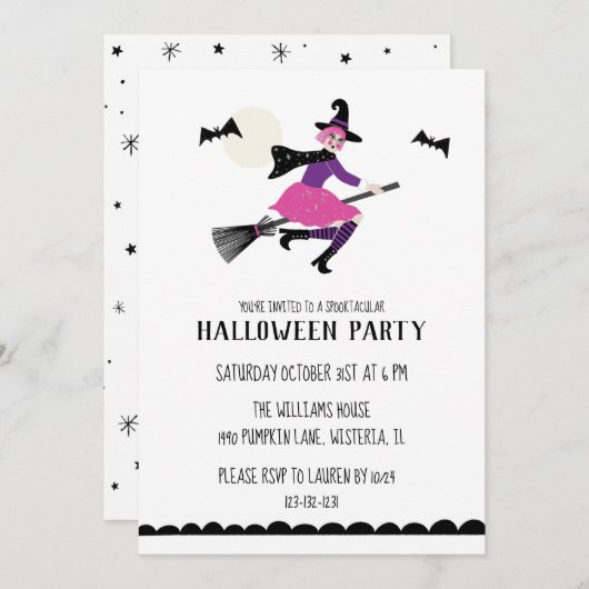 Pink Witch Halloween Party Kaart (Voorkant / Achterkant)