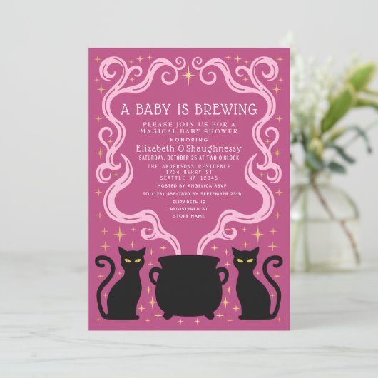 Pink Witchy Baby is Brewing Girl Baby Shower  Kaart (Staand voorkant)