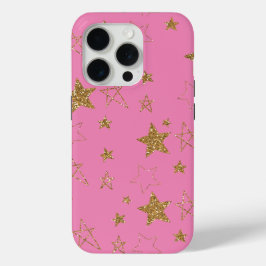 Pink with Gold Stars iPhone 15 Pro Max Hoesje