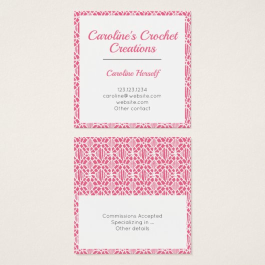 Pink With White Crochet Lace Pattern Business Card Vierkante Visitekaartjes (Voorkant /achterkant)
