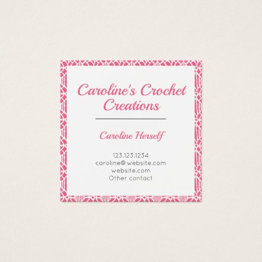 Pink With White Crochet Lace Pattern Business Card Vierkante Visitekaartjes (Voorkant)