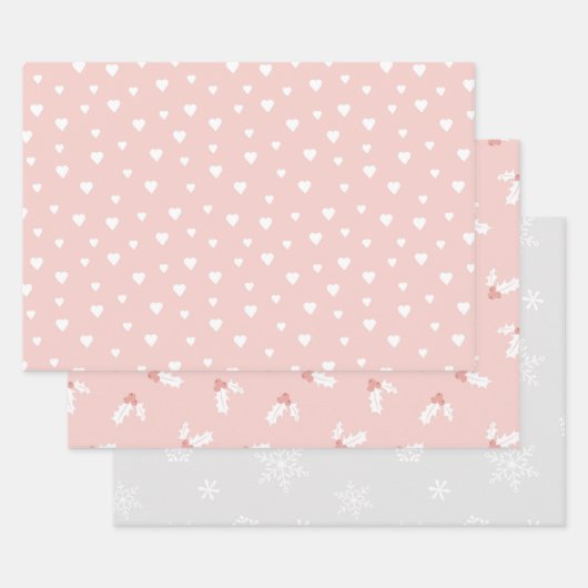 PINK & WITTE HOLIDAY MISTLETOE HEARTS SNOWFLAKS INPAKPAPIER VEL (Set)