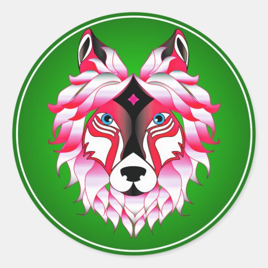 Pink Wolf Head Artwork Ronde Sticker (Voorkant)