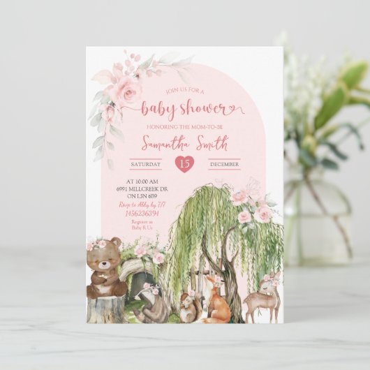Pink Woodland Animals Enchanted Forest Baby shower Kaart (Staand voorkant)