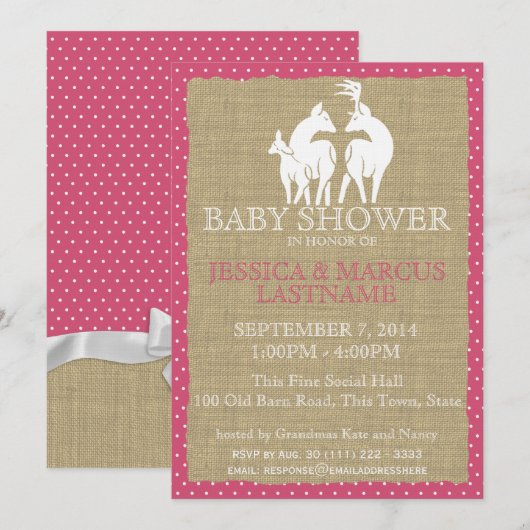 Pink Woodland Baby shower Herten en Burlap Kaart (Voorkant / Achterkant)