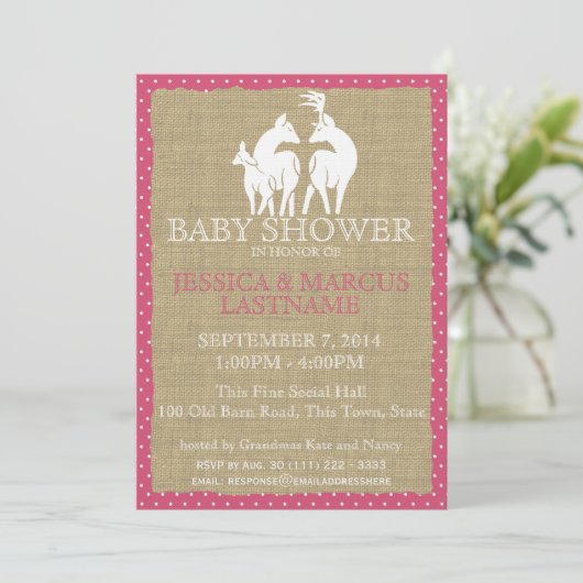 Pink Woodland Baby shower Herten en Burlap Kaart (Staand voorkant)