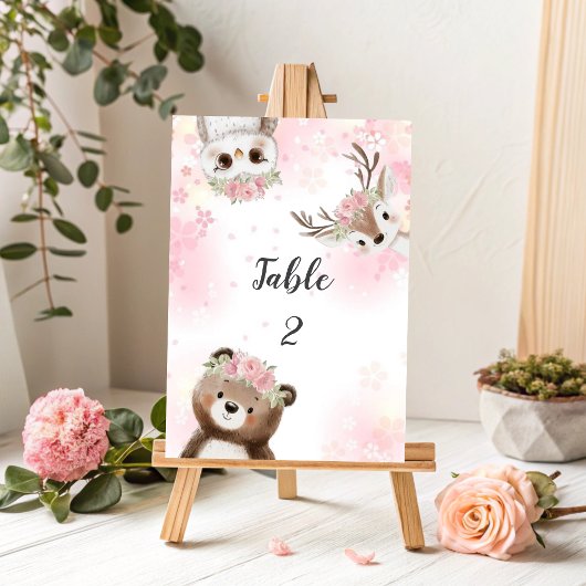 Pink Woodland Baby Shower Table Number Sign Kaart