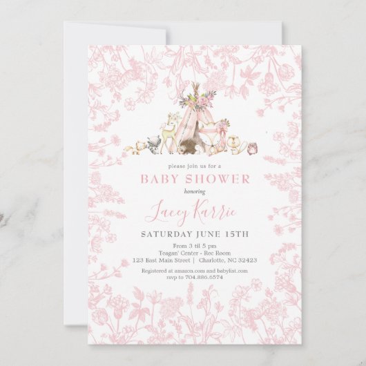 Pink Woodland Baby shower uitnodiging (Voorkant)