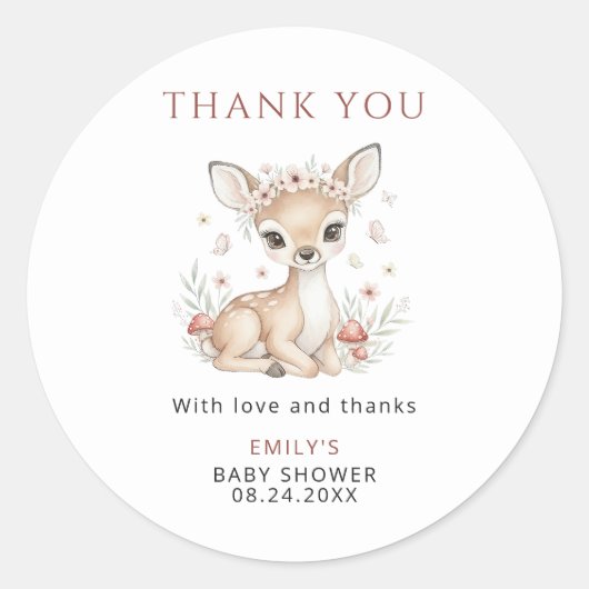 Pink Woodland Deer Girl Baby Shower Thank You Ronde Sticker (Voorkant)
