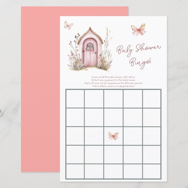Pink Woodland Fairies Baby shower Bingo (Voorkant / Achterkant)