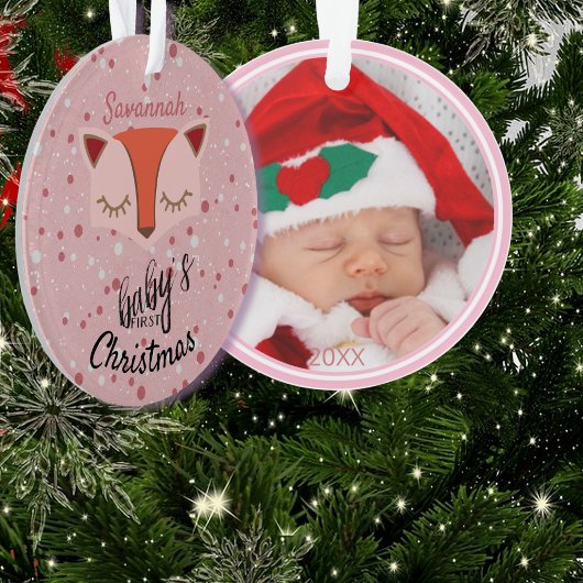 Pink Woodland Fox Eerste Kerstfoto Ornament