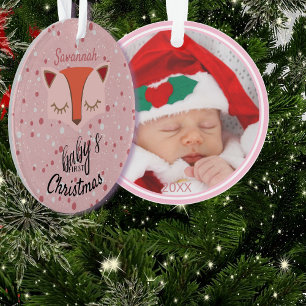 Pink Woodland Fox First Kerstfoto Ornament